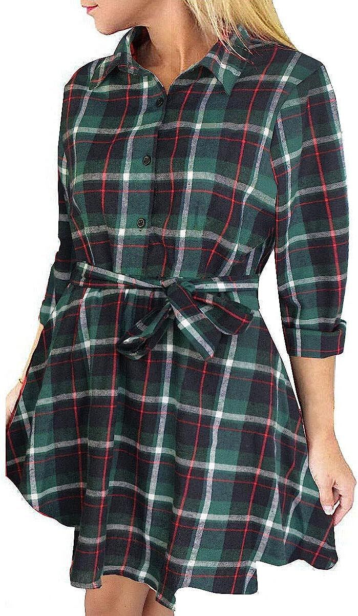 FANCYINN Women Long Sleeve Plaid Pattern Tunic Tops Shirt Casual Dress | Amazon (US)