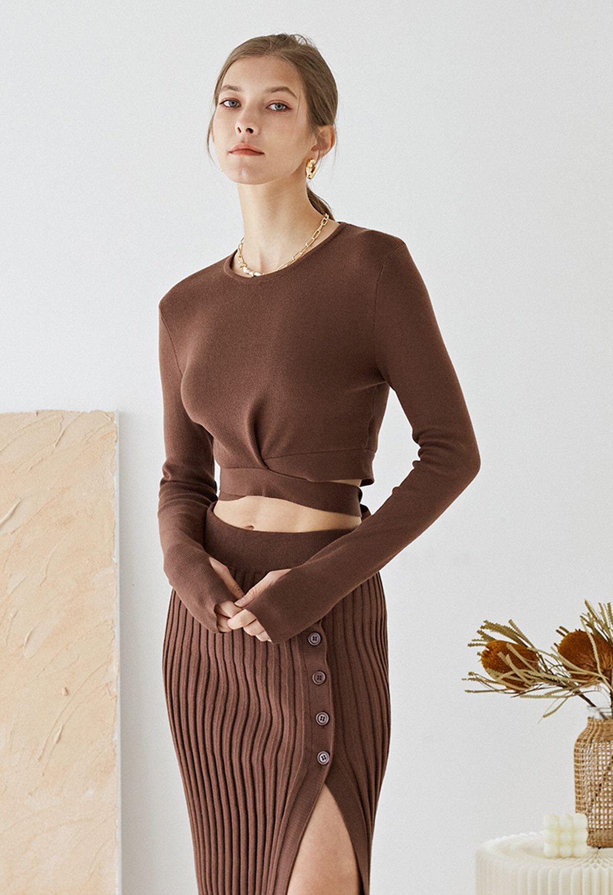 Self-Tie Bowknot Knit Crop Top in Brown | Chicwish
