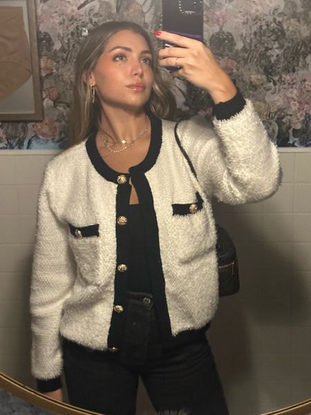 Revolve sweater 
Chanel dupe 
Chanel cardigan 
Revolve cardigan
Black trim cardigan 
Tweed dupe 
Line & dot 
Fall staples 
Revolve finds 
Revolve favorites 
Amazon earrings 

#LTKSeasonal #LTKHoliday #LTKworkwear
