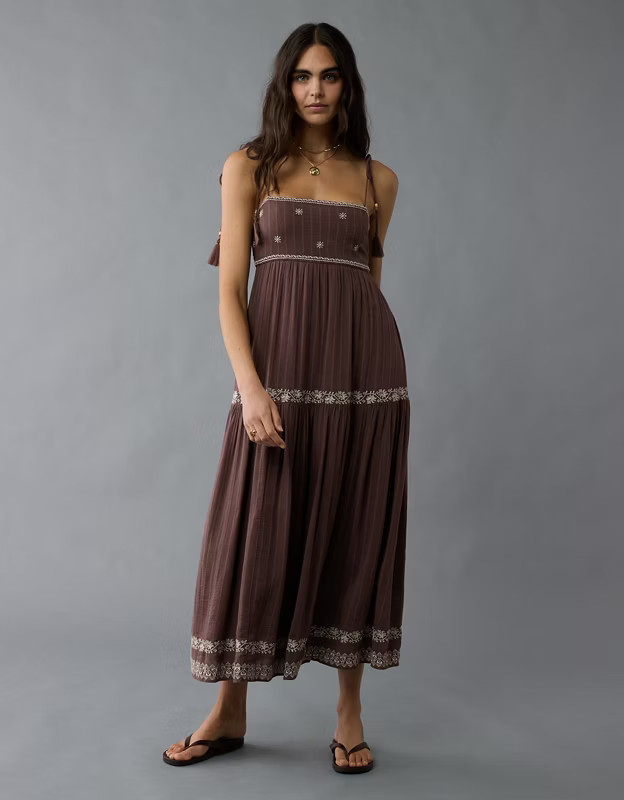 AE Empire Waist Embroidered Midi Dress | American Eagle Outfitters (US & CA)