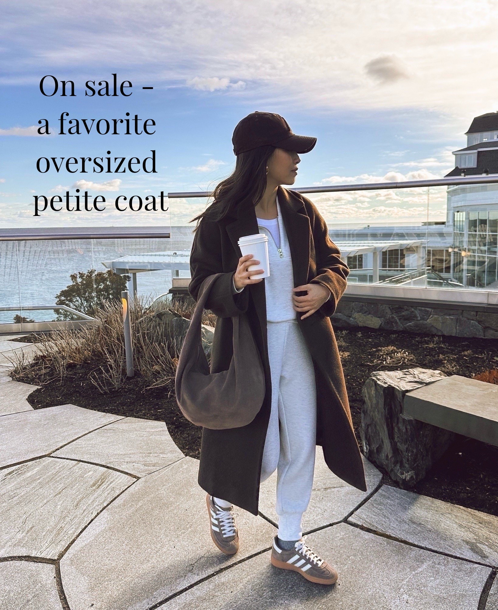 A longtime favorite oversized petite coat on sale 

• Aritzia slouch coat xxs short (petite) - very warm, lined, runs big and js great for throwing on over chunkier sweaters and looser fit pieces like sweatshirts 

• Varley The Slim Cuff Joggers in ivory marl xxs

25” inseam is very petite friendly on me. You can get the longer length (separate product listing) if you are taller.

• Varley Davidson woven sweatshirt xxs. Double soft material is the best and worth it IMO!

Also love the hawley style pullover and have the brown set too

• adidas Spezial sneakers 5, comfortable and supportive, runs big.  

• Etsy suede hobo bag in Corteccia color, medium size . Perfect slouch, very comfy over the shoulder. They gave me code JEANBAGS30 for an additional discount!

• Quince cashmere socks

• Aritzia baseball cap 

Casual Athleisure outfits, petite friendly winter outfits, errands, mom style

#LTKPetite #LTKTravel #LTKmomlife