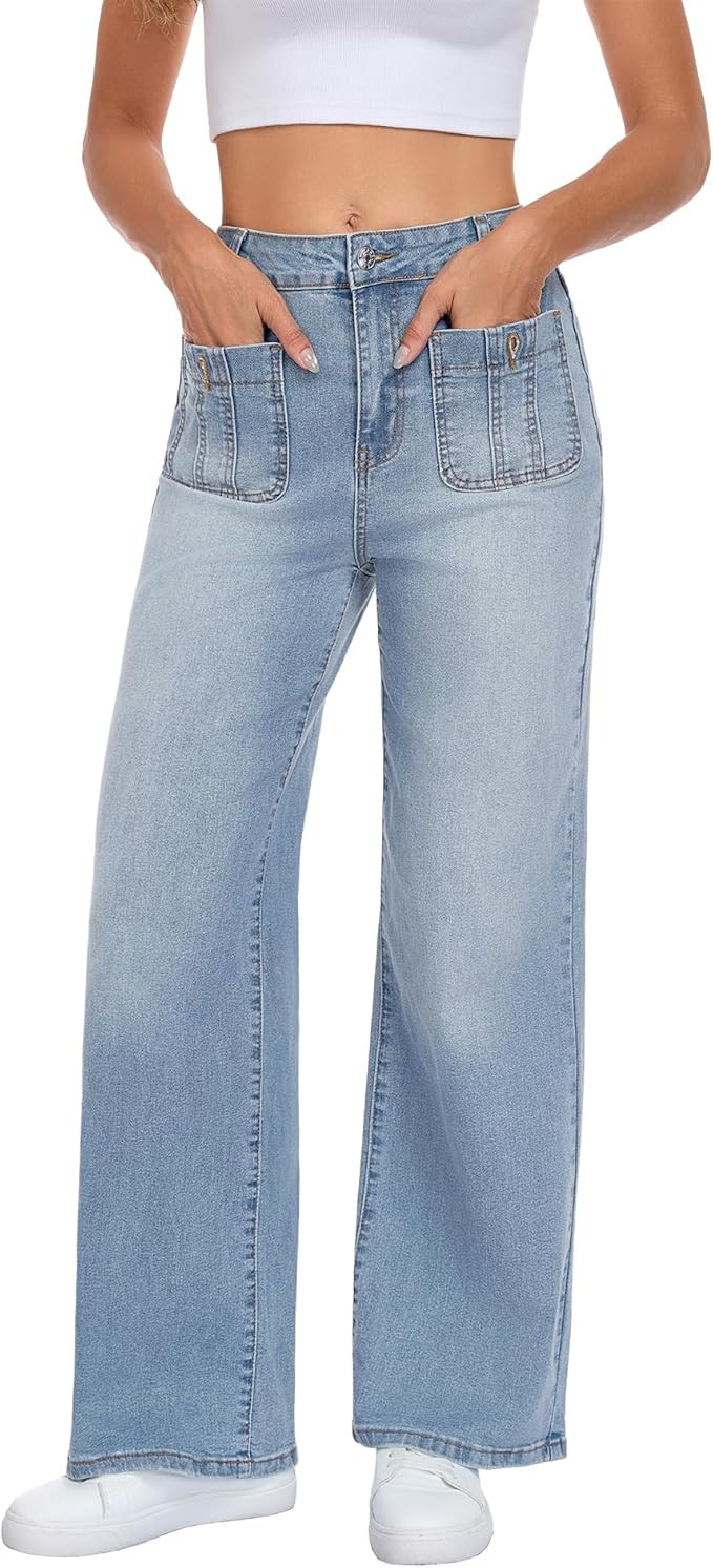 MARIASHA Wide Leg Jeans for Women, High Waist Stretchy Baggy Jeans, Blue Washed Denim Pants with ... | Amazon (US)