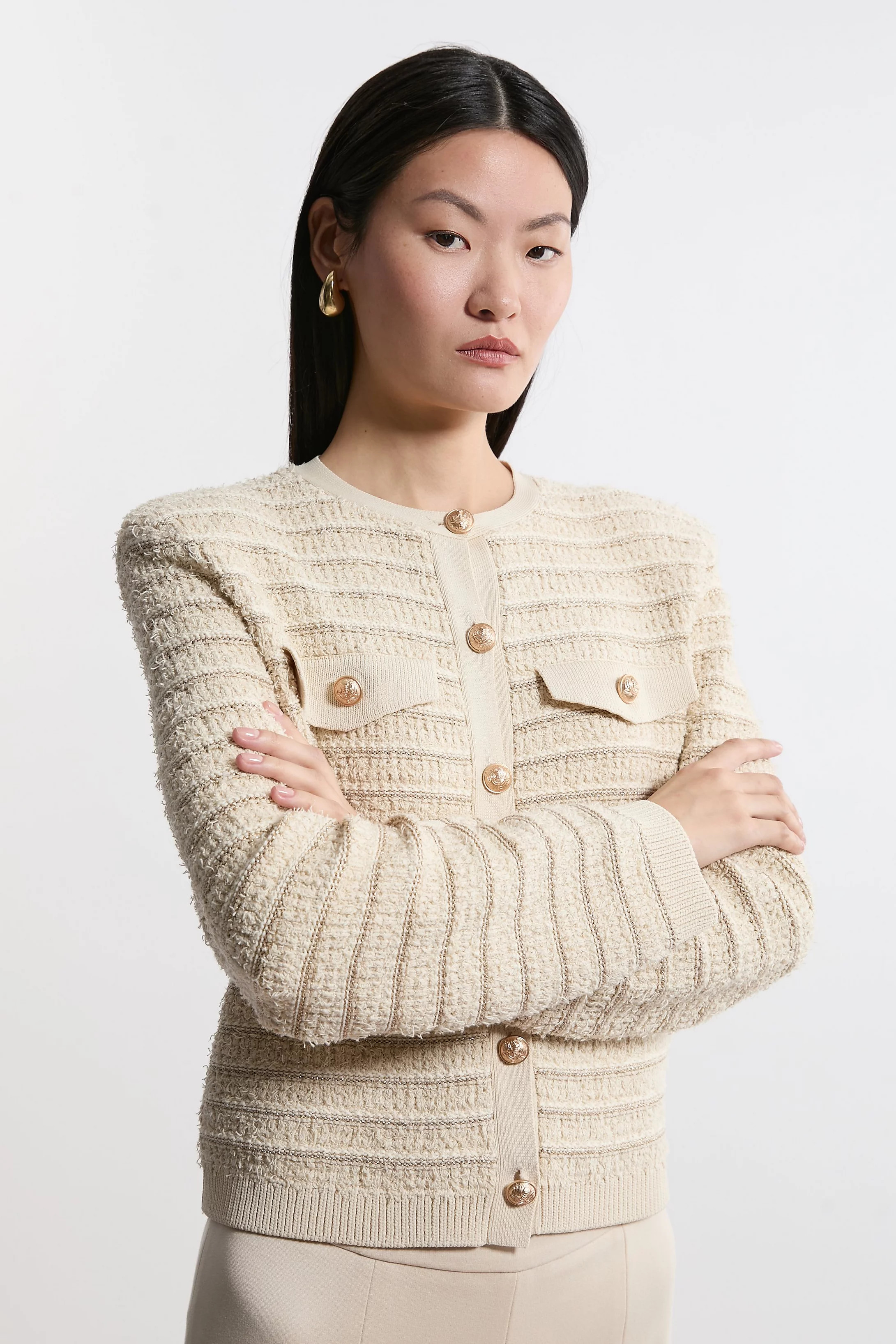 Textured Military Trim Knit Jacket | Karen Millen UK + IE + DE + NL