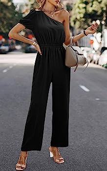 Angashion Women's Summer Casual One Shoulder Short Sleeves Elastic Waist Long Pants Wide Leg Jump... | Amazon (US)