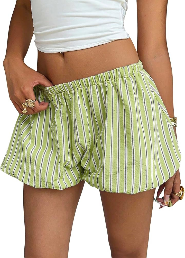 SOLY HUX Women's Y2k Striped Bubble Shorts Elastic Low Rise Puffy Balloon Summer Mini Shorts | Amazon (US)