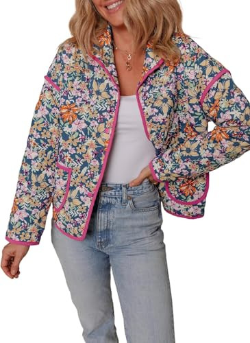 TUREAU Womens Floral Print Quilted Jackets Long Sleeve Button Down Drop Shoulder Puffer Jacket Winter Warm Coats with Pockets(S,Multicolor) | Amazon (US)