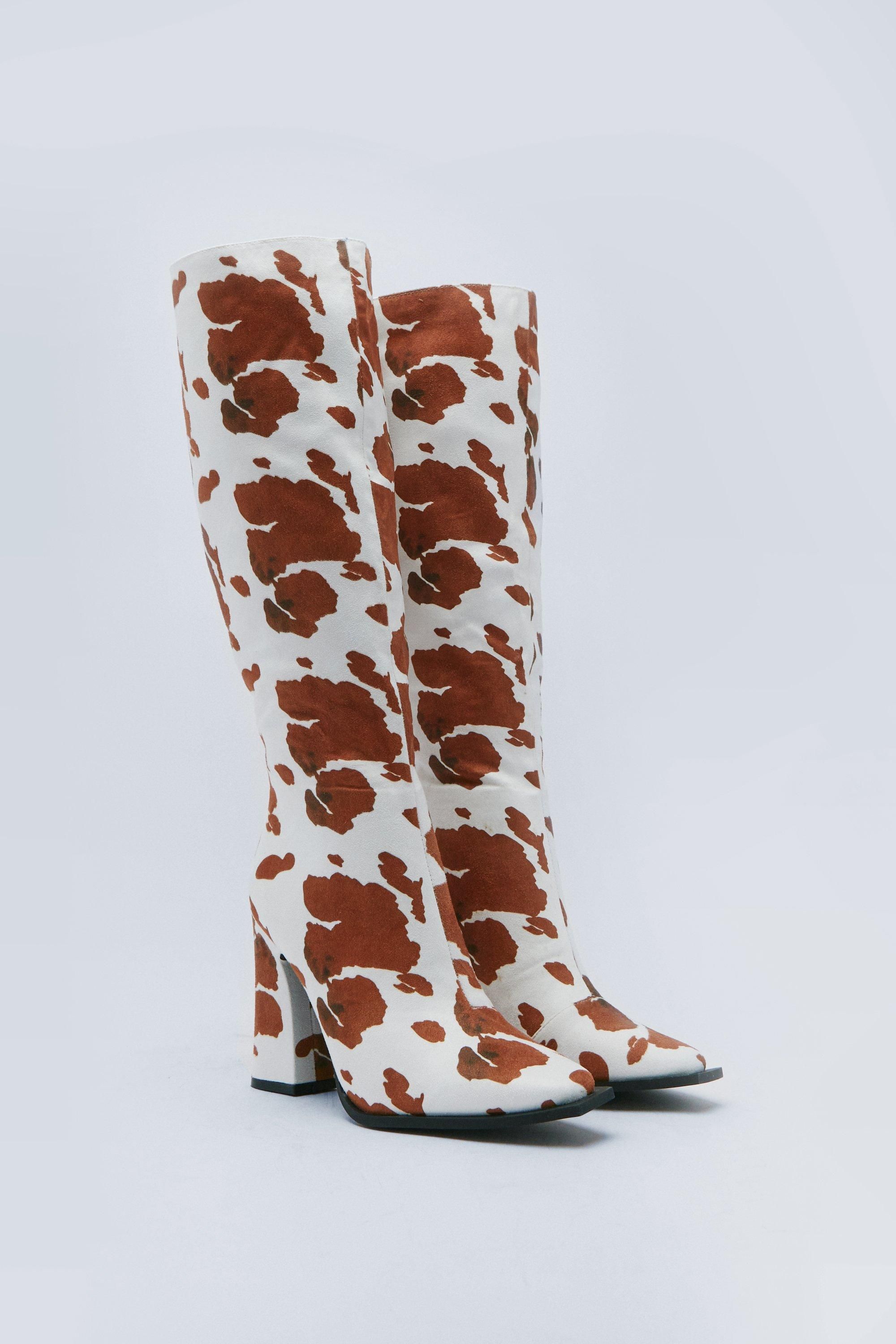 Cow Print Knee High Heeled Boots | Nasty Gal (US)