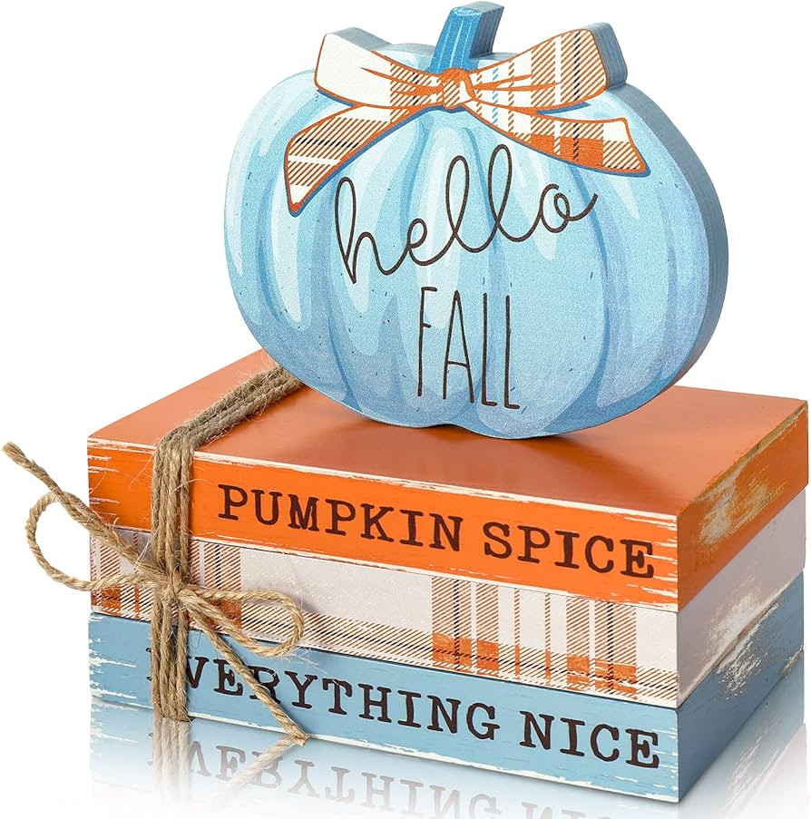 Whaline Fall Wooden Tiered Tray Decor Faux Decorative Stacked Books Bundle Wooden Pumpkin Decor H... | Amazon (US)