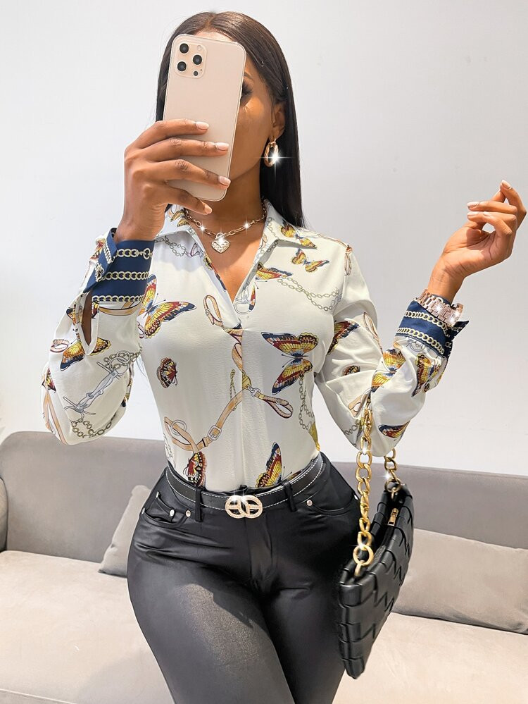 Random Chain & Butterfly Print Blouse | SHEIN