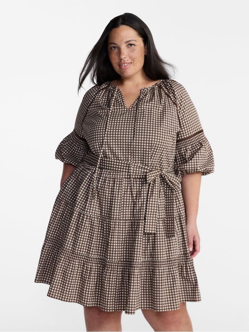 Terra & Sky Women\u2019s Plus Mini Dress with Elbow Length Puff Sleeves, Sizes 0X-5X | Walmart (US)