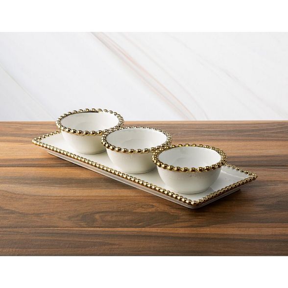 Classic Touch White Porcelain 3 Bowl Relish Dish with Gold Beaded Design | Target
