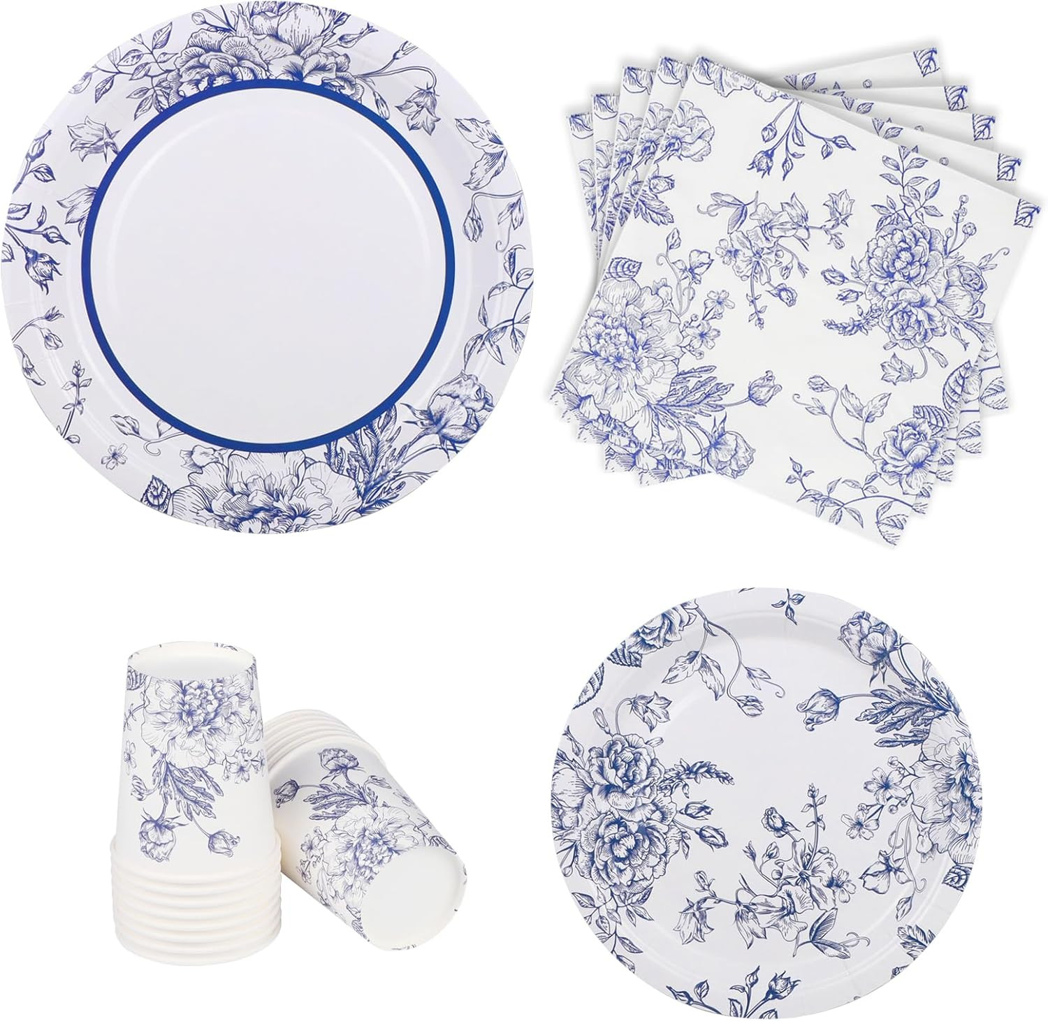 TWOWYHI 108PCS Floral Blue White Party Supplies Set Serves 24 Guests Disposable Blue Flower Paper... | Amazon (US)