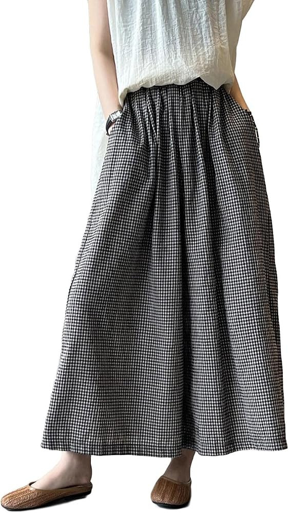 Minibee Women's Linen Palazzo Pants Casual Wide Leg Gingham Pant Boho Plaid Loose Trousers with P... | Amazon (US)
