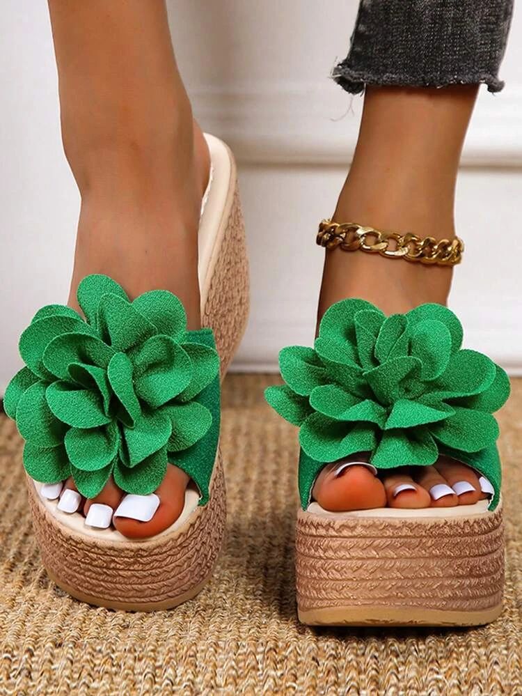 Women Flower Decor Wedge Slide Sandals, Vacation Summer Sandals | SHEIN