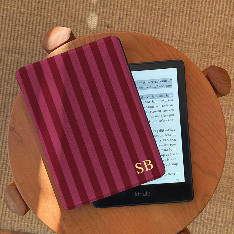 Personalized Kindle Paperwhite Case Burgundy Stripe Cover with Gold Monogram Vintage Book Lover G... | Etsy (Global)