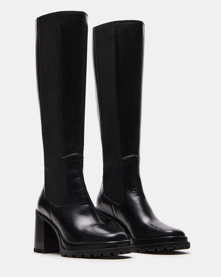 ALESTI Black Leather Square Toe Knee High Boot | Women's Boots | Steve Madden (US)