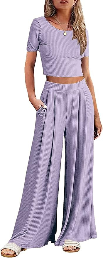 Ekouaer Women's 2 Piece Lounge Sets Short Sleeve Pajama Set Ribbed Knit Crop Top Wide Leg Pants L... | Amazon (US)