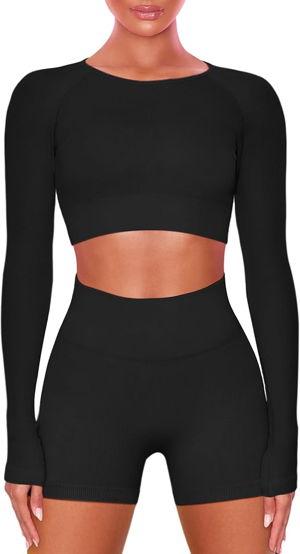 Women Workout Sets 2 Pieces Long Sleeve Yoga Outfits Gym Clothes Seamless Ribbed Crop Top High Wa... | Amazon (US)