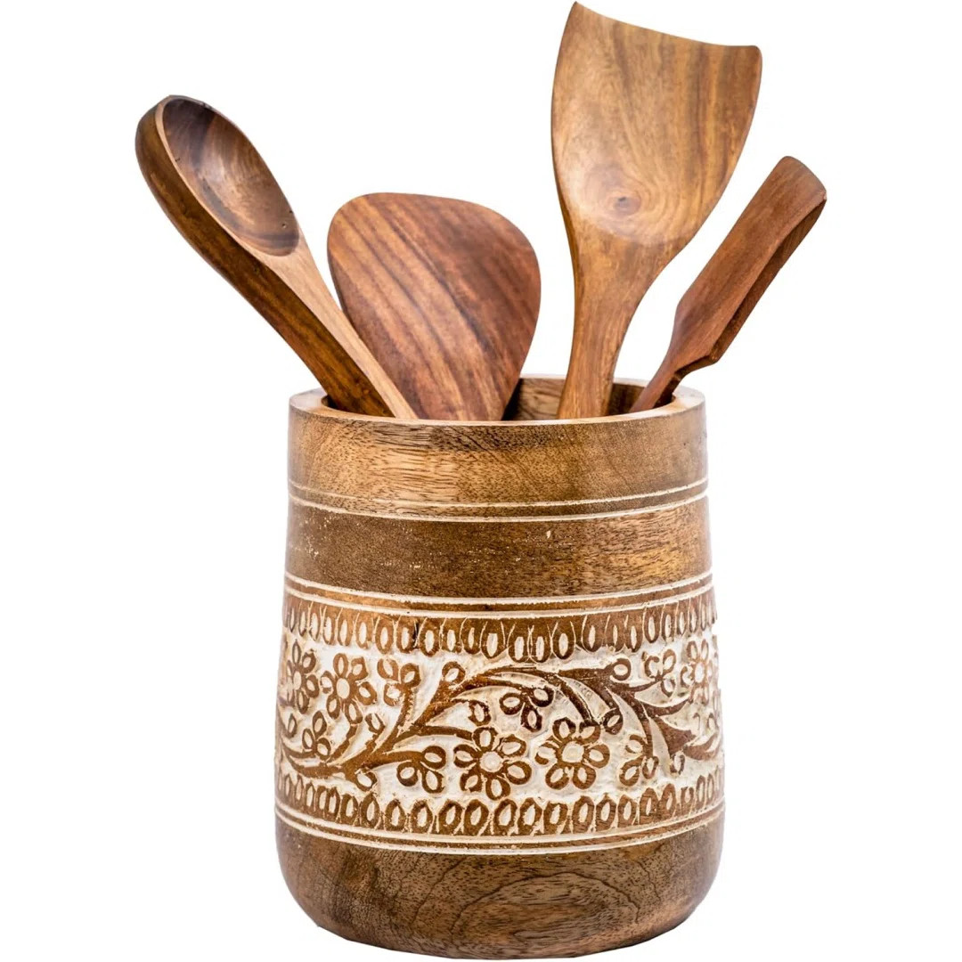 Farmhouse 7'' Large Utensil Holder For Kitchen Counter | Handcrafted Wooden Utensils Crock Cookin... | Wayfair North America