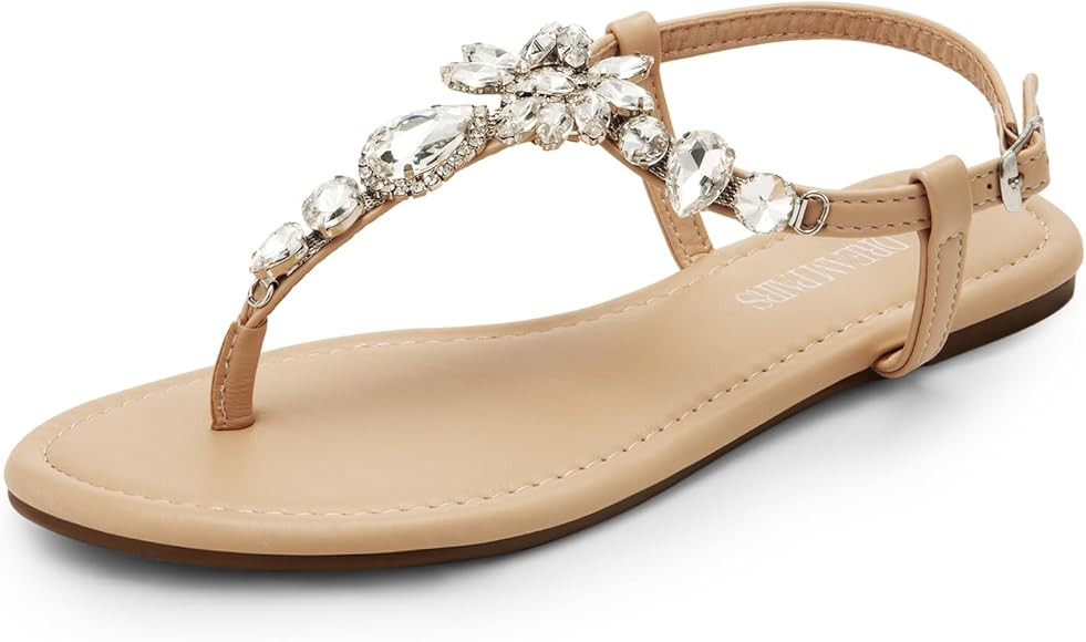 DREAM PAIRS Flat Sandals for Women Dressy Rhinestone T-Strap Thong Flat Sandals for Summers Dress... | Amazon (US)