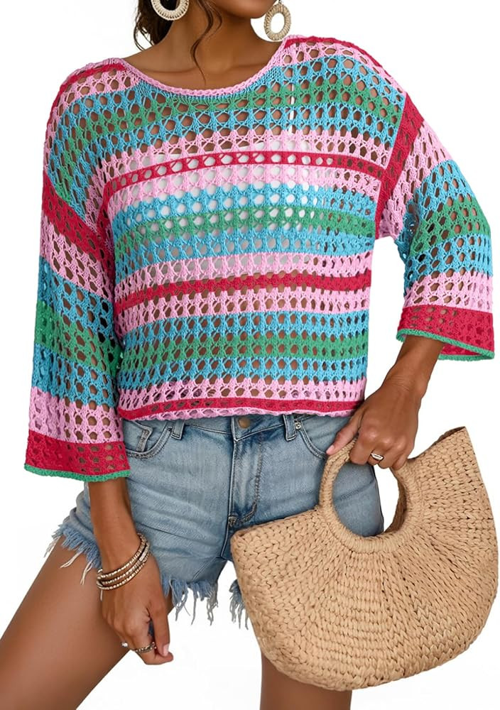 Dokotoo Womens Spring Summer 3/4 Sleeve Crochet Sweater Hollow Out Color Block Striped Tops Casua... | Amazon (US)