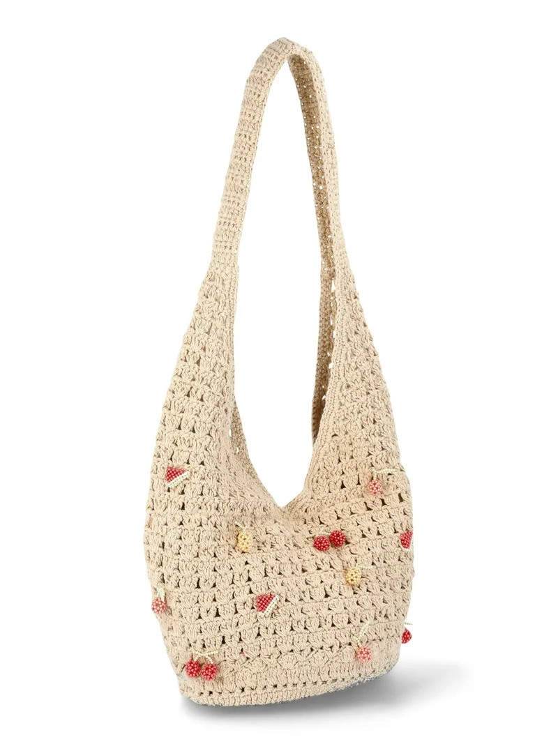 No Boundaries Festival Crochet Hobo Bag, Natural Beaded Fruit, Women's | Walmart (US)