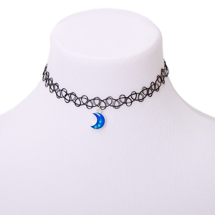 Crescent Moon Glow In The Dark Tattoo Choker Necklace - Blue | Claire's (US)