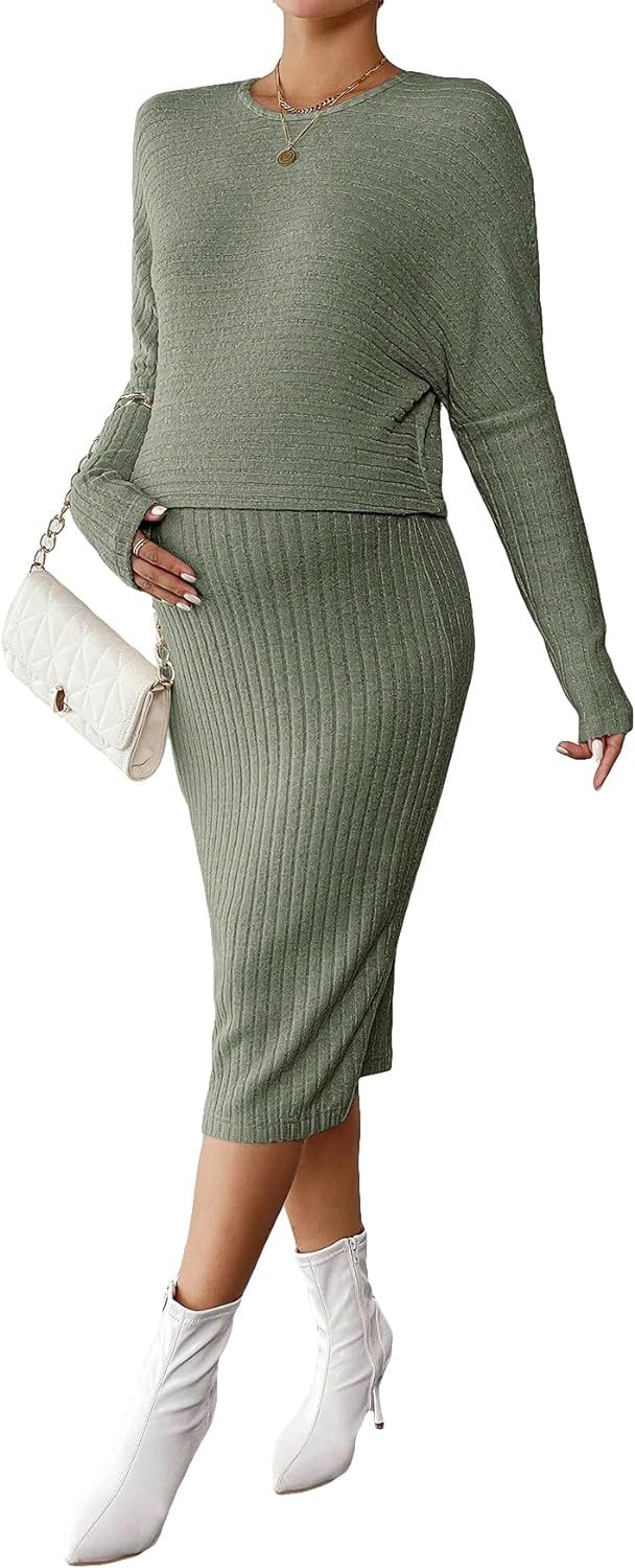 WDIRARA Women's 2 Piece Maternity Ribbed Outfit Long Sleeve Tee and Adjustable Waist Midi Skirt S... | Amazon (US)