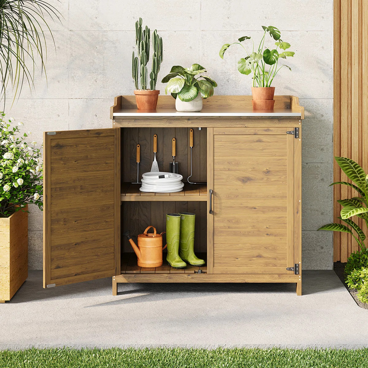 Wood Potting Bench with Storage Cabinet and Metal Top for Backyard, Garden | Wayfair North America