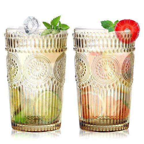 Loivttvv 6pcs Vintage Drinking Glasses Set, 12 oz Tawny Highball Glasses, Embossed Ribbed Glassware Cups for Cocktail, Water, Juice, Coffee, Whiskey | Amazon (US)
