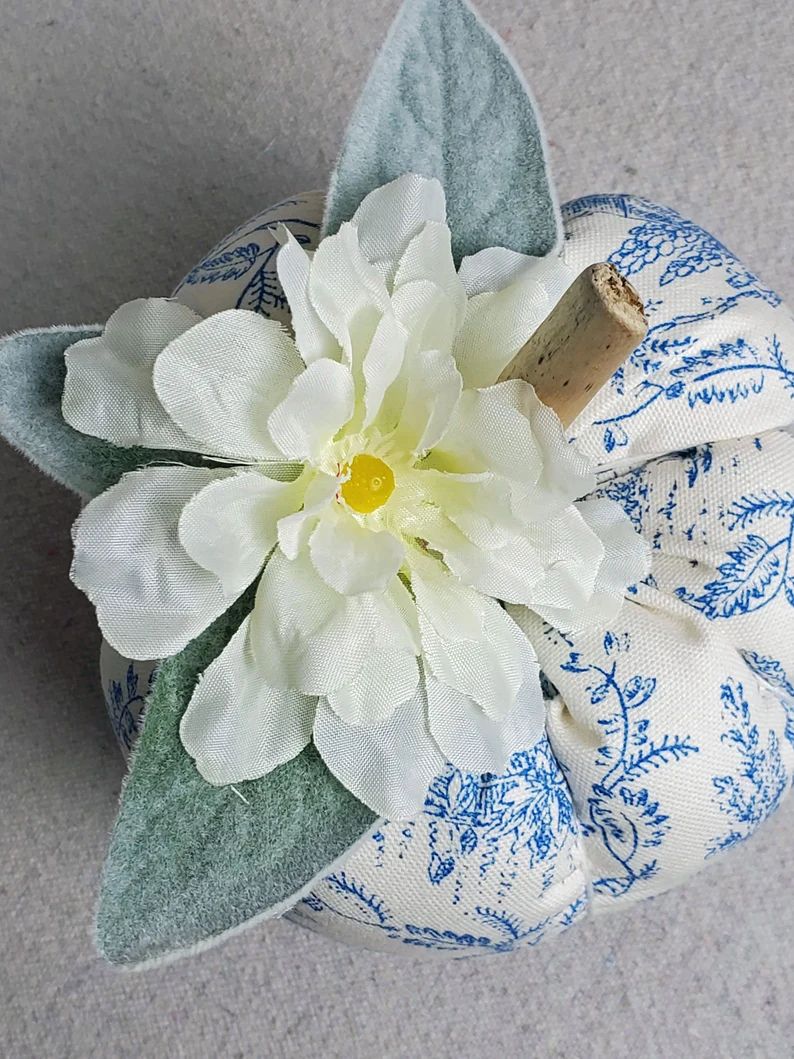 Blue Toile Fabric Pumpkin with a driftwood stem; with or without floral | Etsy (US)