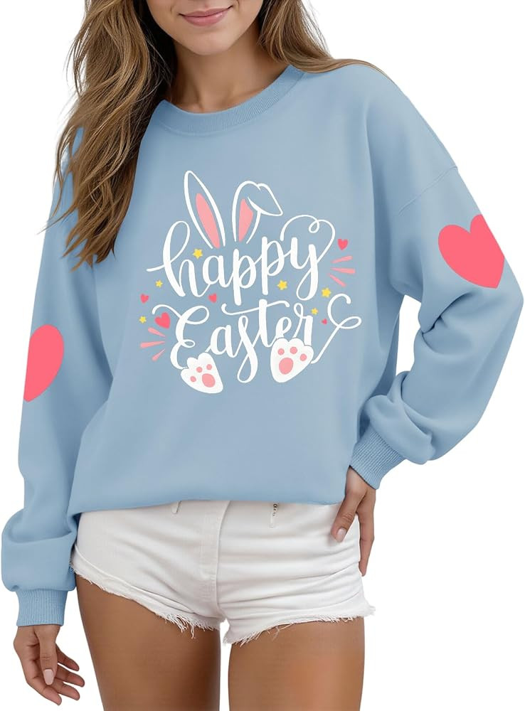 UYIQL Easter Sweatshirts for Women Cute Easter Bunny Shirt Casual Rabbit Graphic Pullover Tops | Amazon (US)