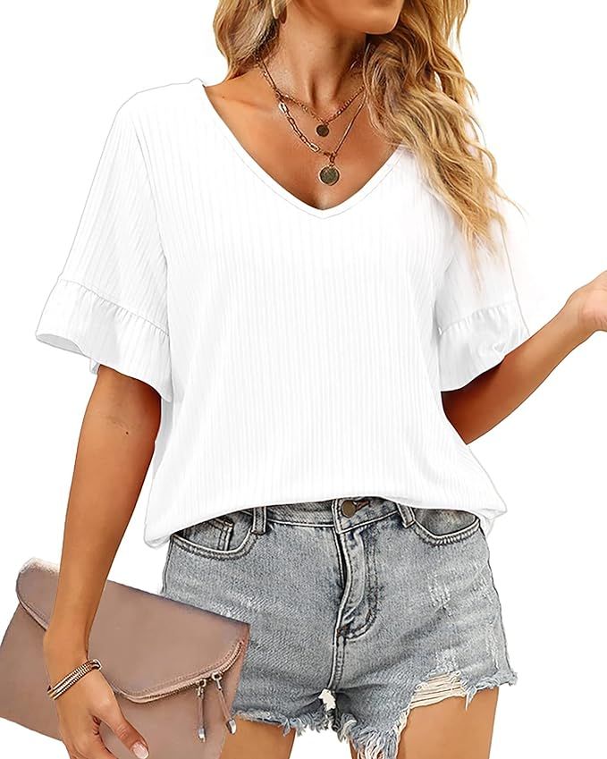 Sieanear Summer Tops for Women V Neck Ruffle Sleeve Ribbed Casual Blouse Shirts | Amazon (US)