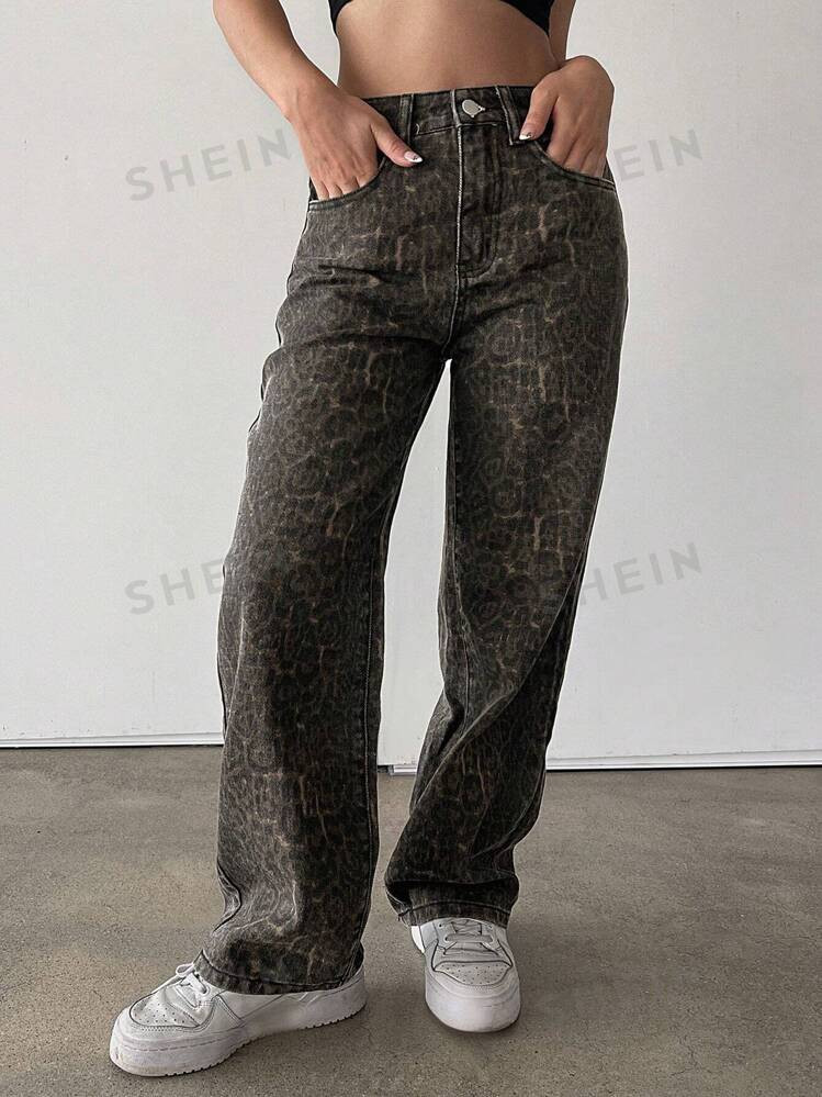 DAZY Women Leopard Print Pocket Straight Loose Casual Jeans | SHEIN