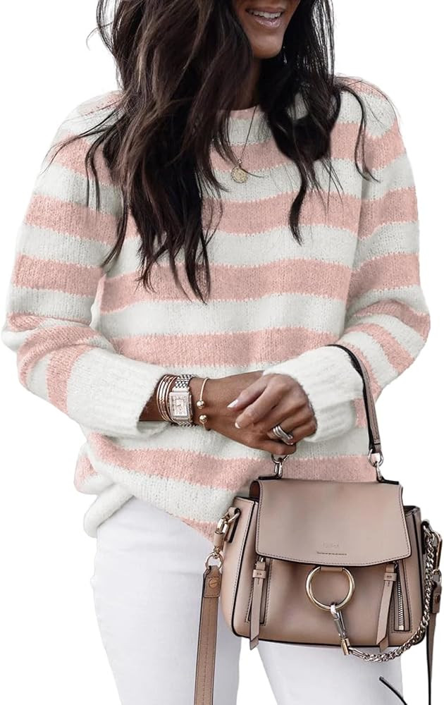 Dokotoo Sweaters for Women 2025 Crewneck Striped Cute Color Block Fall Winter Knitted Pullover To... | Amazon (US)