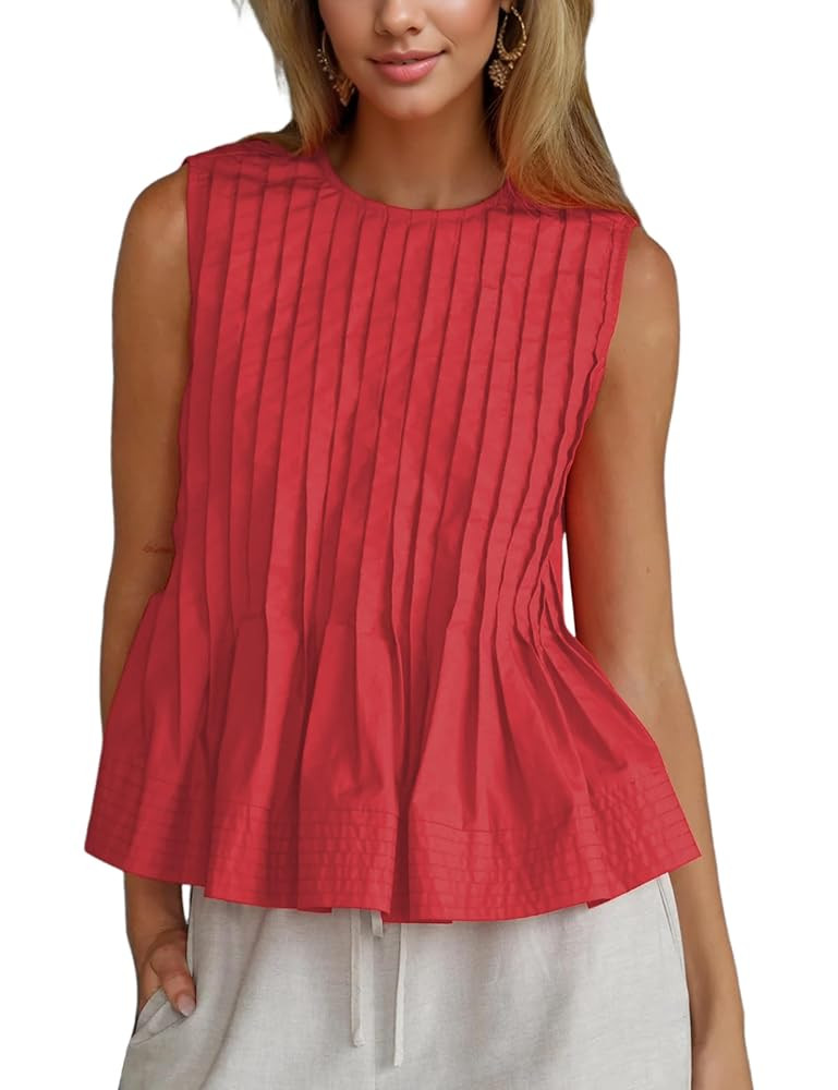 Women Summer Pleated Peplum Tank Tops Sleeveless Tunics Ruffle Tops Loose Fit Round Neck Babydoll... | Amazon (US)