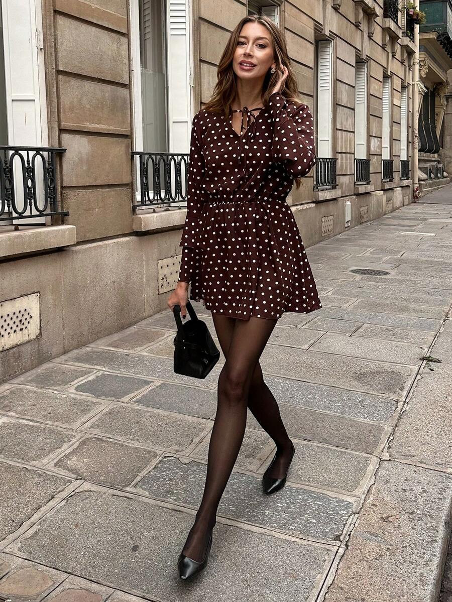 Pariaura Women's Simple Elegant Ruffled-Sleeve V-Neck Polka Dot Dress, Autumn Dress Fall Clothes ... | SHEIN