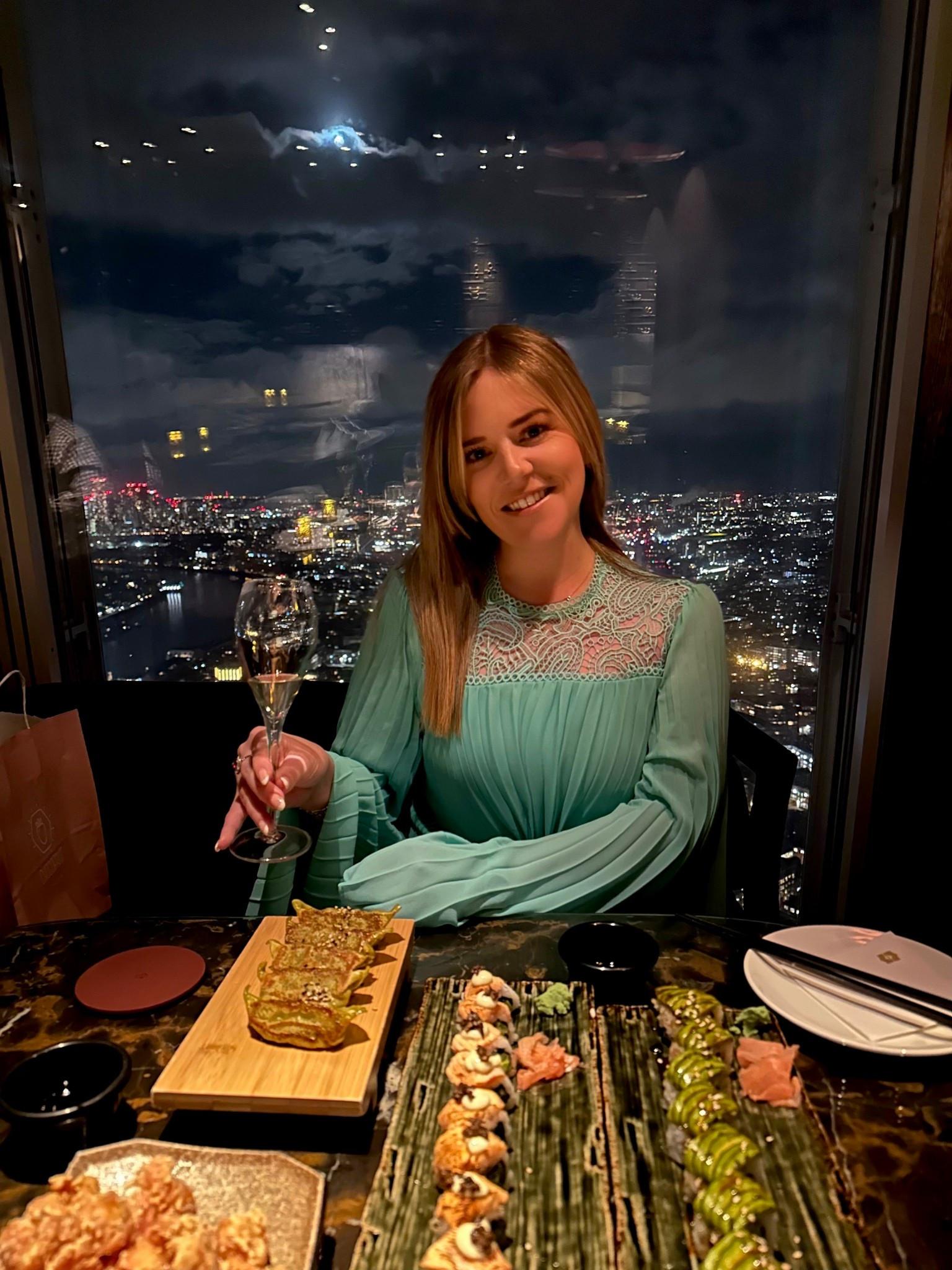 Sushi and champagne dinner in my aquamarine dress given that we were eating at Aquashard in the Shard 🍣 🥂 

#LTKdresses #LTKsummer #LTKuk