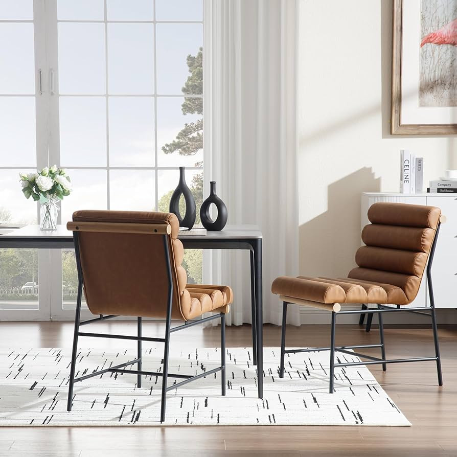 Leather Dining Chairs, Upholstered Kitchen Chairs with Channel Tufted Back, Set of 2, Modern Faux... | Amazon (US)