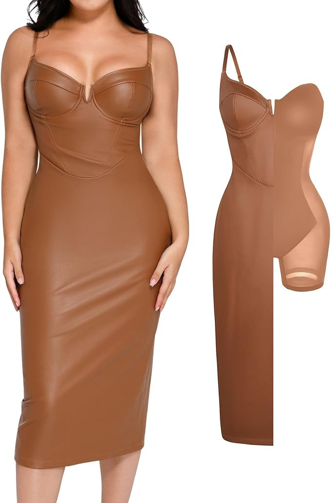 Popilush Corset Shapewear Dress Faux Leather Club Midi Dress V Neck Night Out Bodycon Dresses for... | Amazon (US)