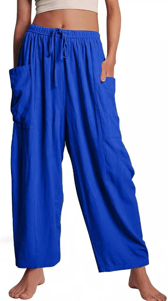 Kissonic Womens Wide Leg Pants Casual Loose Drawstring Flowy Summer Beach Palazzo Harem Pants wit... | Amazon (US)