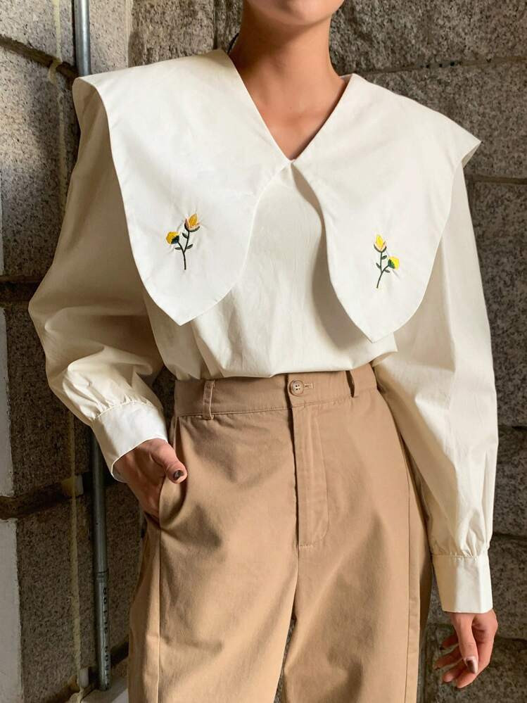DAZY Floral Embroidery Statement Collar Lantern Sleeve Blouse | SHEIN