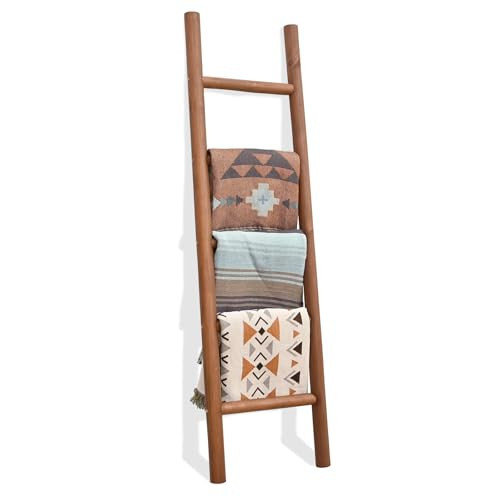 FUIN 57in Wood Blanket Ladder Living Room Decorative Wall Leaning Farmhouse Quilt Display Holder Rustic Wooden Towel Rack for Bathroom, Dark Brown | Amazon (US)