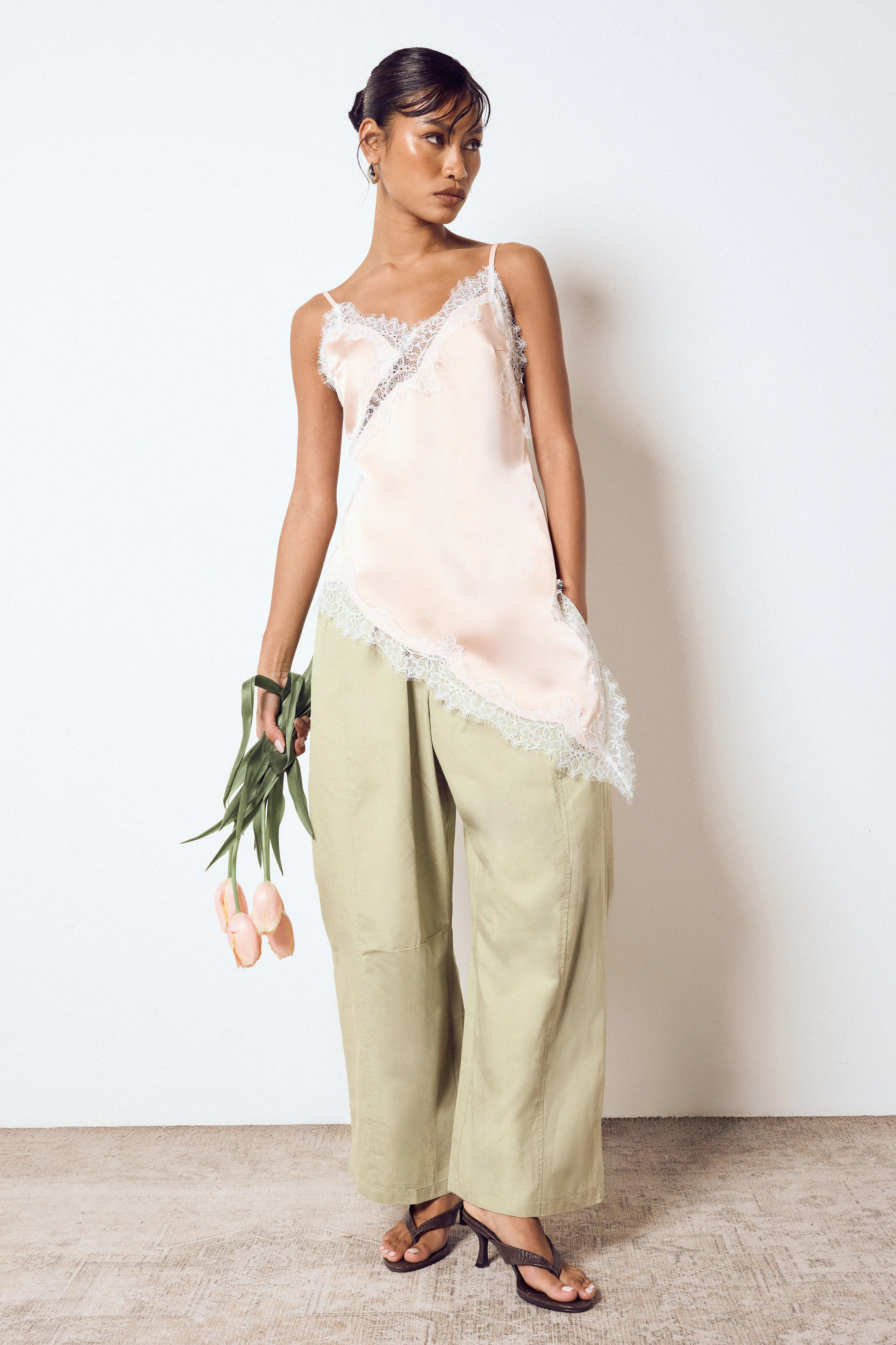 Tops | Asymmetric Hem Lace Satin Cami Top | boohoo | boohoo (US & Canada)