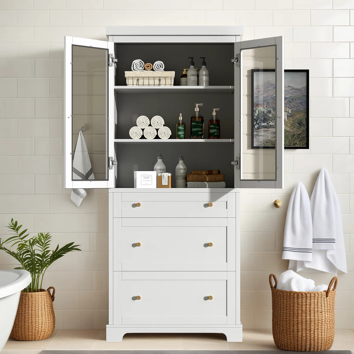 70.1" Freestanding Tall Bathroom Cabinet with Adjustable Shelves,Drawers,Soft Close Glass Doors | Wayfair North America