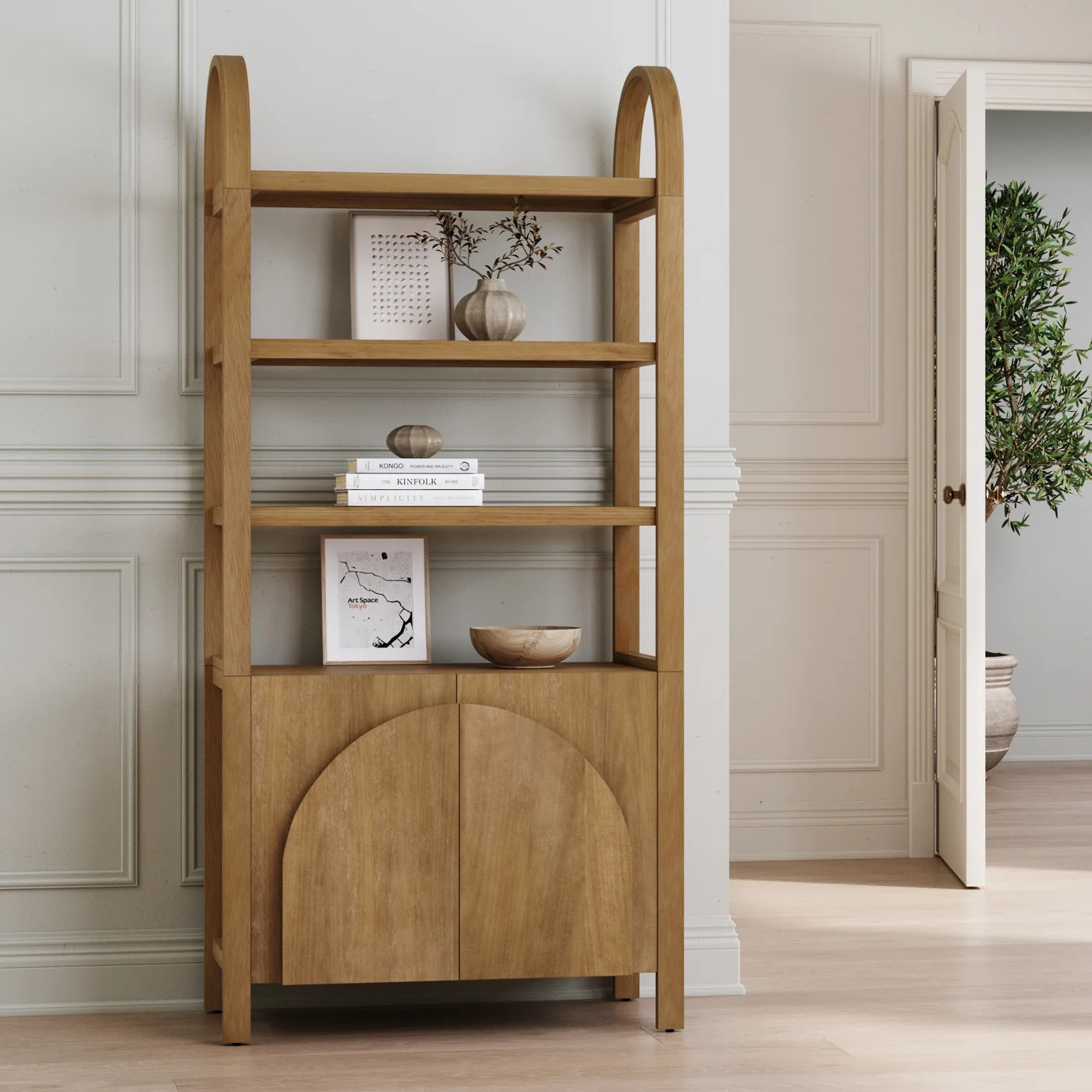 Mid-Century Arched Door Bookshelf with Doors Light Brown | Nathan James