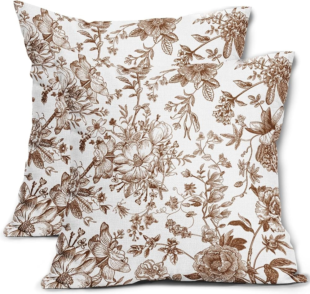 ABSOP Brown and White Pillow Covers 18x18 Inch Set of 2 Vintage Brown Floral Throw Pillow Covers ... | Amazon (US)