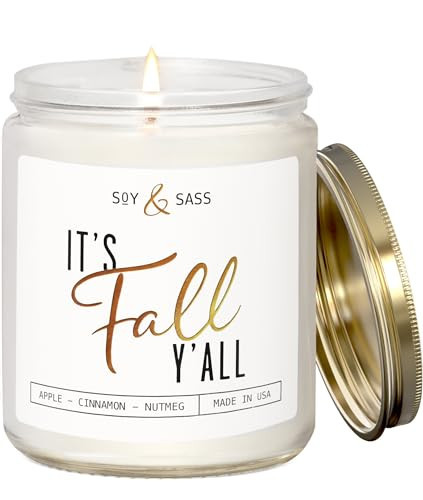 Fall Candles - 'It's Fall Yall' Candle w/Apple Cinnamon & Nutmeg I Infused with Essential Oils I Autumn Scented Candles I Cozy Cute Décor Gifts I 9oz Jar I 50Hr Burn I Made in USA | Amazon (US)