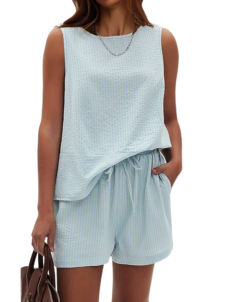 EXLURA Women's Summer 2 Piece Outfits Sleeveless Tank Top Matching Shorts Sets Cotton Striped Swe... | Amazon (US)