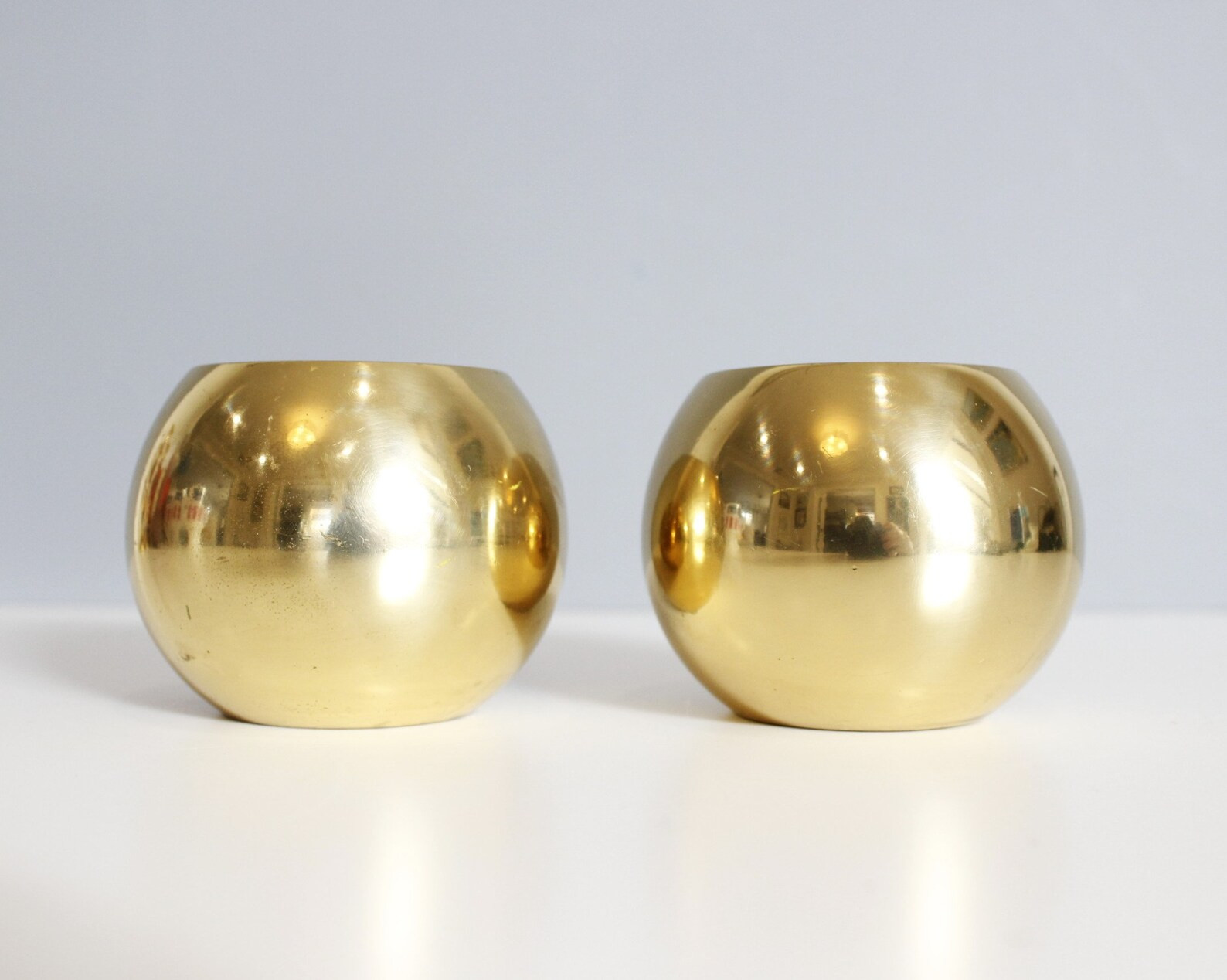 2 Round Brass Candle Holders Taper Holders Ball Orb Mid Century Modern - Etsy | Etsy (US)